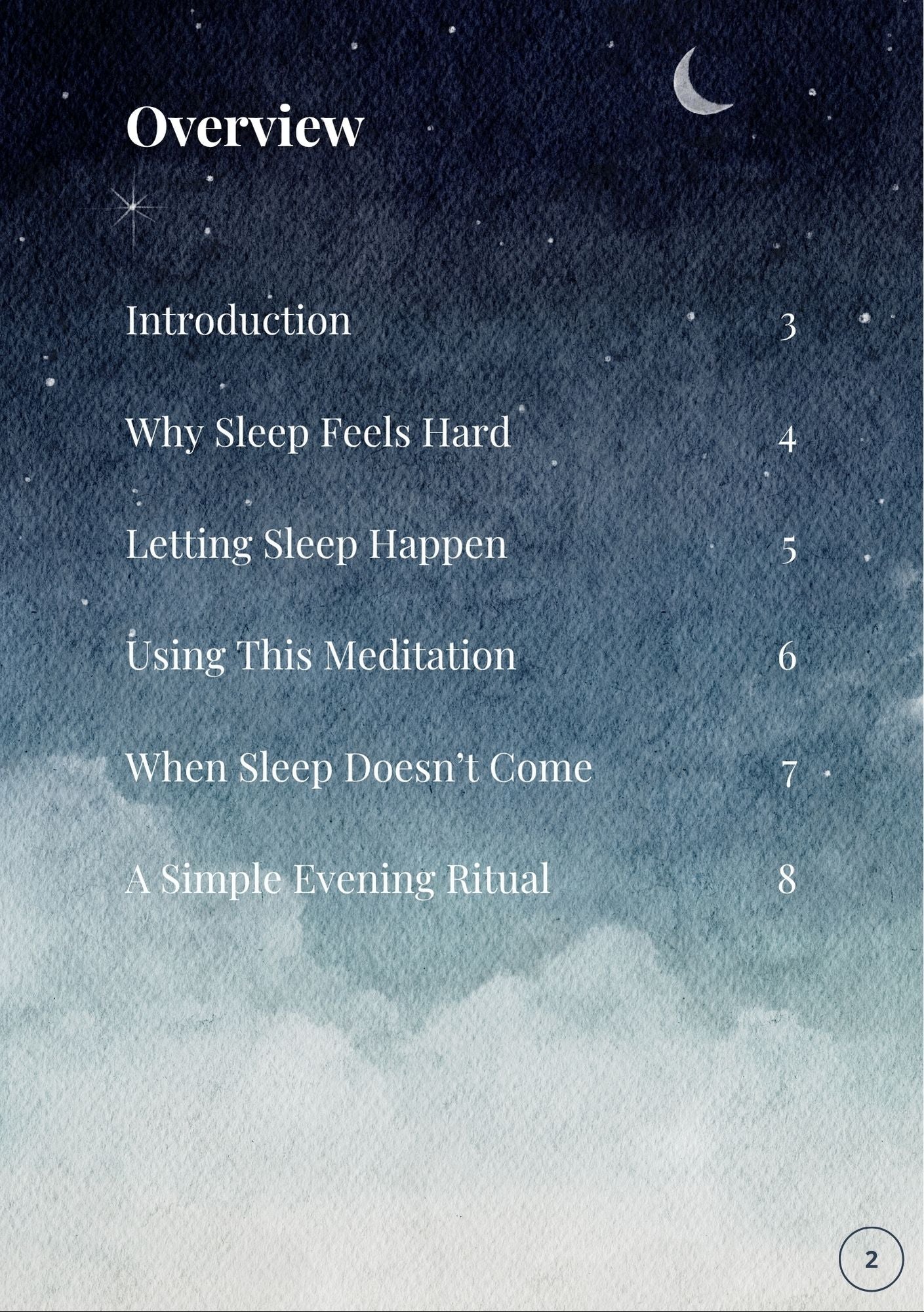 The overview/table of contents page of the Breath of NOW sleep meditation guide, showcasing chapters on why sleep feels hard, letting sleep happen, using the meditation, and a simple evening ritual against a starry night sky background.