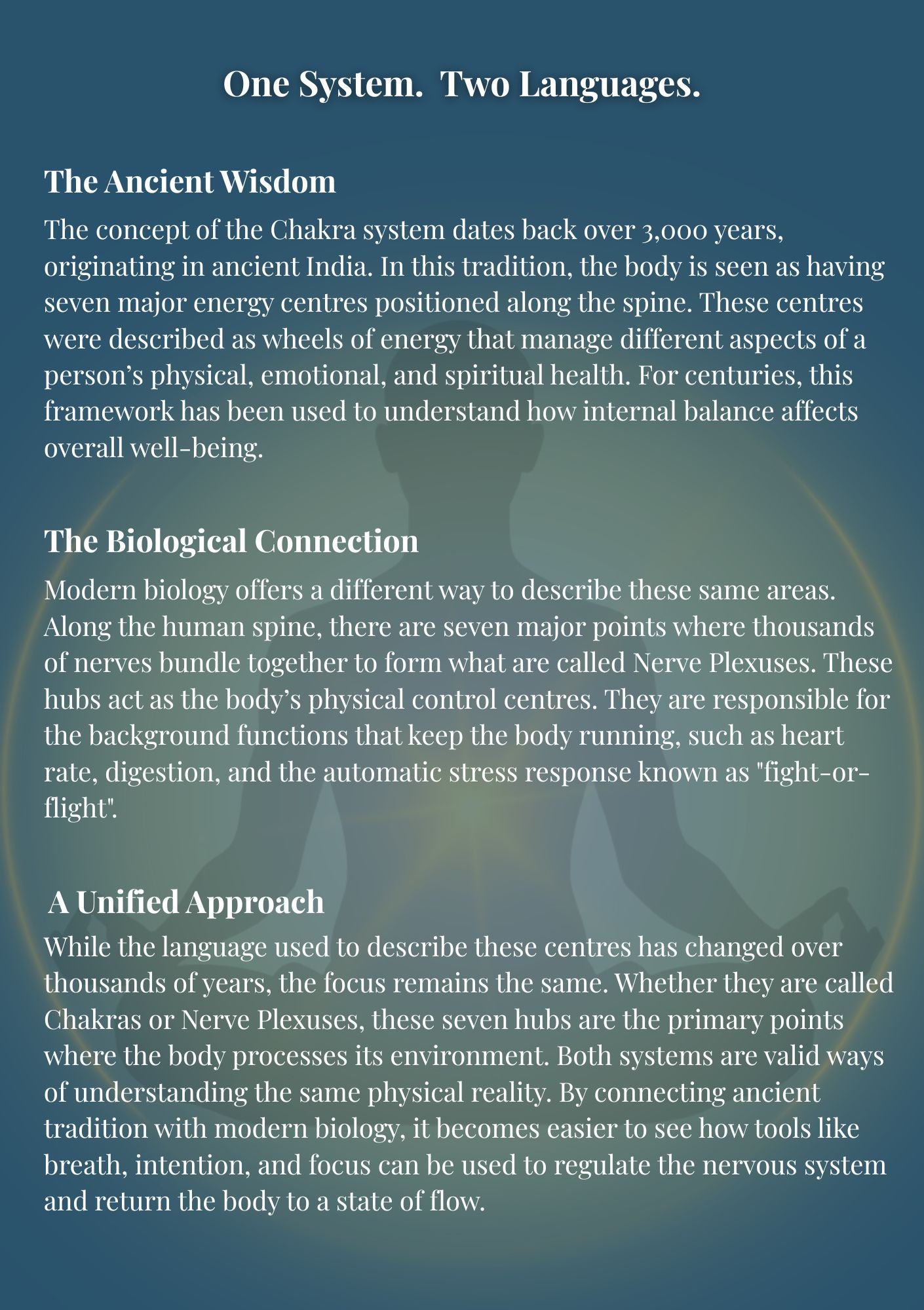 A text page from the booklet explaining ancient wisdom alongside the biological connection of nerve plexuses and the spine.