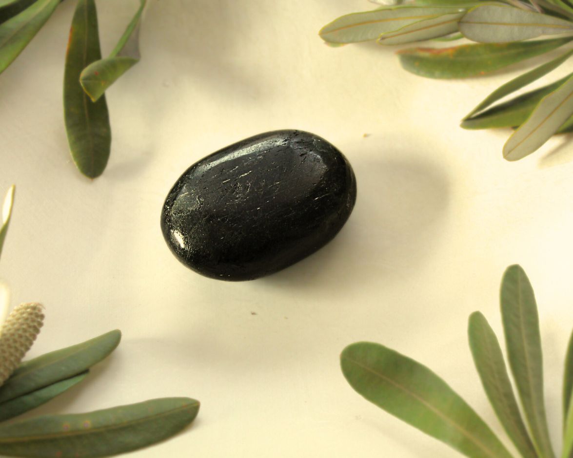 Black Tourmaline palm stone displayed on a light yellow background with natural greenery — used for meditation, energy protection, grounding, and promoting balance.