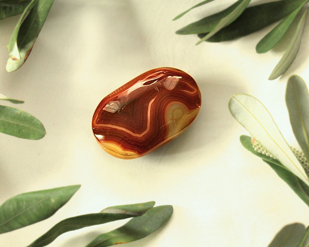 Carnelian palm stone displayed on a light yellow background with natural greenery — used for meditation, energy balancing, and promoting creativity, motivation, and vitality.