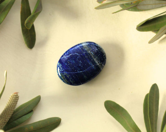 Lapis Lazuli palm stone displayed on a light yellow background with natural greenery — used for meditation, energy balancing, and promoting truth, self-expression, and clear communication.