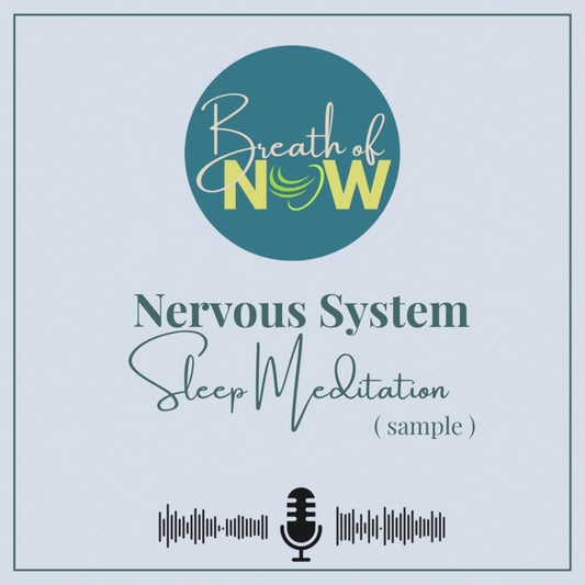 A 51-second audio sample preview of the Breath of NOW sleep meditation for nervous system regulation, featuring a minimalist soundwave design.