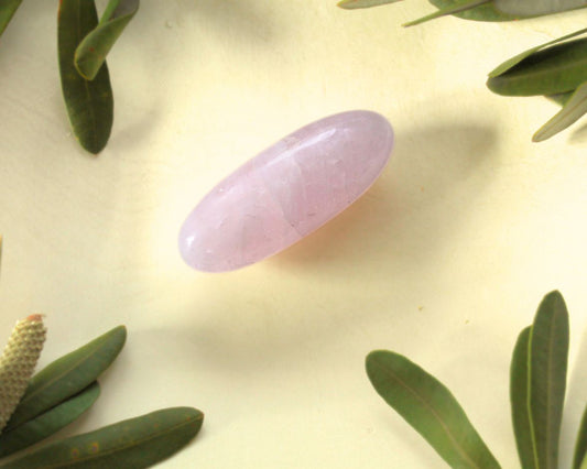 Rose quartz palm stone displayed on a light yellow background with natural greenery — used for meditation, energy healing, and promoting love, compassion, and emotional balance.